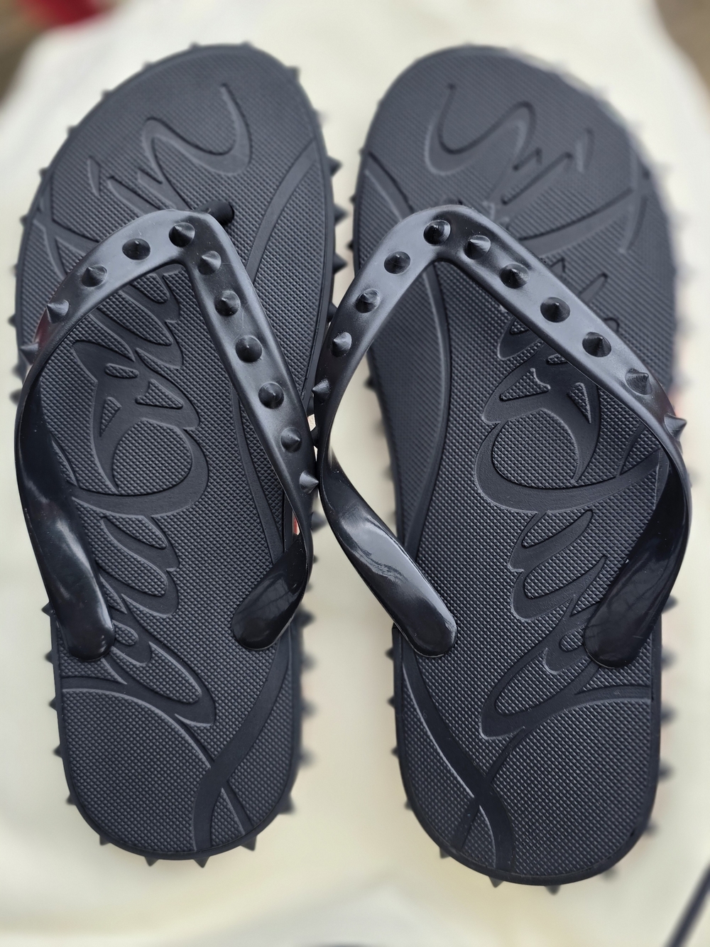 Christian Louboutin Black Studded Rubber Flip Flop Sandals